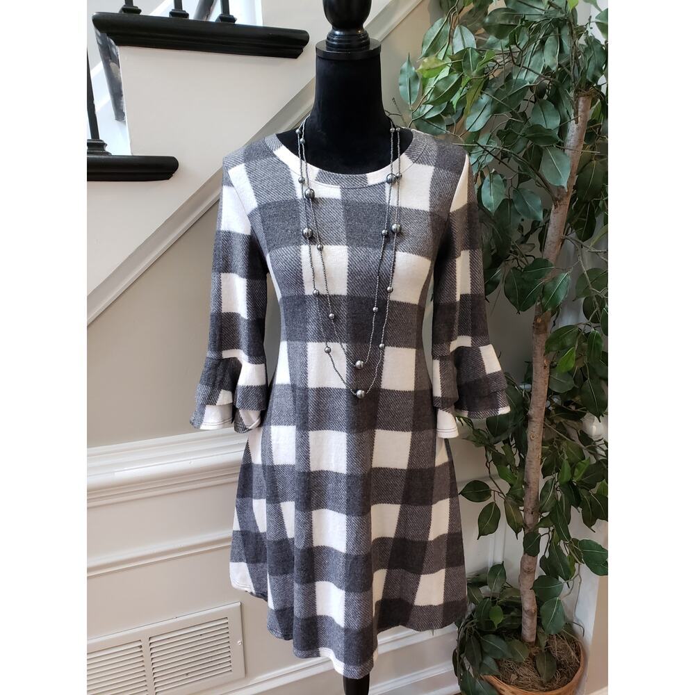 Tunic Dress Women's S White Black Check Round Neck Ruffle Sleeve Pullover